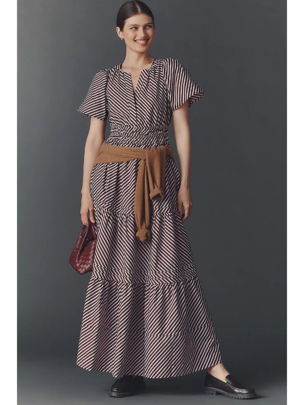 NWT Anthropologie Somerset Maxi in Pink Brown Stripe Tiered Cotton Dress L